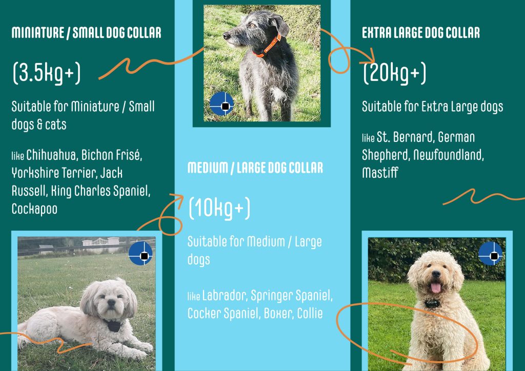 nfographic showing PAC Dog Collar sizes, including Mini/Small, Medium/Large, and Extra Large, with corresponding dog weight and neck measurements.