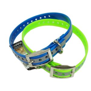 Two reflective dog collars, one green and one blue, displayed side by side, designed for visibility and safety during low-light walks.