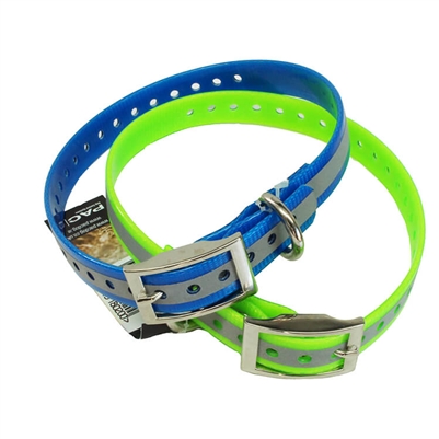 Two reflective dog collars, one green and one blue, displayed side by side, designed for visibility and safety during low-light walks.