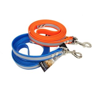 Medium-length blue and orange reflective dog leash, designed for visibility and safety during walks.