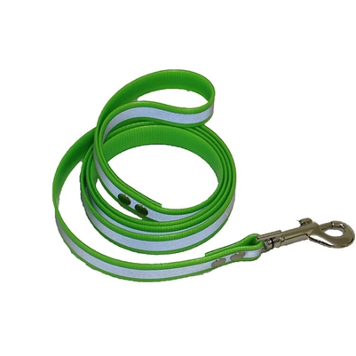 Green reflective dog leash, 1500 mm long, 16 mm wide, 2.5 mm thick, designed to keep dogs visible and safe during evening or early morning walks.