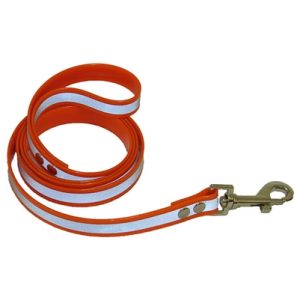 Orange reflective dog leash, 1500mm long, 25mm wide, 2.5mm thick, designed for visibility and safety during walks.