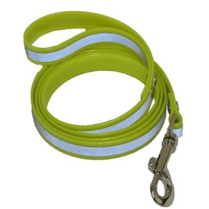 Yellow reflective dog leash, 1500mm long, 25mm wide, 2.5mm thick, designed for increased visibility and safety during walks.