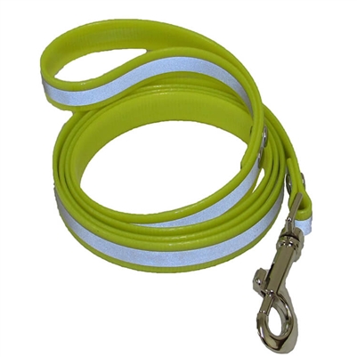 Yellow reflective dog leash, 1500mm long, 25mm wide, 2.5mm thick, designed for increased visibility and safety during walks.