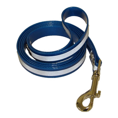 Blue reflective dog leash, 1500 mm long, 16 mm wide, 2.5 mm thick, for enhanced visibility and safety during walks in low-light conditions.