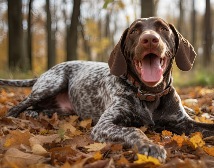 Dog lying down on fallen leaves outdoors, surrounded by autumn colors.